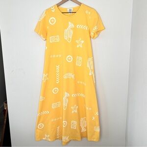 Vintage USA MADE Yellow Maxi Dress 100% Cotton Fish Print Sz S Jostar Coastal